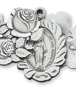 Miraculous Medal Behind a Rose in Sterling Silver