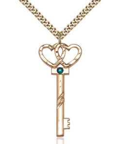 Key - Double Hearts Pendant - May Birthstone - Gold Filled #89594