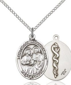 St Cosmas and Damian with Doctor Back Medal - Sterling Silver with 20 in. Chain